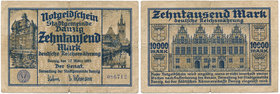 Gdańsk 10.000 marek 1923 - rzadki 

Rzadki typologicznie banknot.&nbsp;
Wyraźnie obiegowy, ale bez konserwacji.&nbsp; 

Grade: VG 
Literature: M...