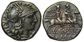 Republika Rzymska, Cn. Lucretius Trio (136 pne), Denar
 Rzym, 136 pne Bardzo ładny. Patyna. Awers:&nbsp;Głowa Romy w hełmie, w prawo, za nią TRIO, pr...