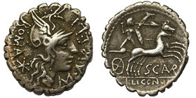 Republika Rzymska, M. Aurelius M.f. Scaurus (118 pne), Denar - rzadki
 Narbo, 118 pne. Ładnie zachowany, dobry wyraźny detal. Awers:&nbsp;Głowa Romy ...