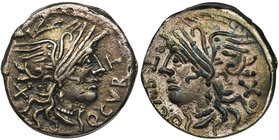 Republika Rzymska, Q. Curtius & M. Silanus (116-115 pne), Denar
 Rzym, 116-115 pne Bardzo ładny. Ostry detal. Ciemna patyna. Awers:&nbsp;Głowa Romy w...