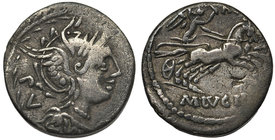 Republika Rzymska, M. Lucilius Rufus (101 pne), Denar
 Rzym, 101 pne.
 Awers:&nbsp;Głowa Romy w hełmie w prawo, za głową litery PV, całość otoczona ...