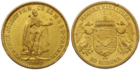 Węgry - Franciszek Józef - 20 koron 1893 KB, Kremnica

Gold 6.75g
&nbsp;Złoto 6.75g 

Grade: XF- 
Literature: Friedberg 250