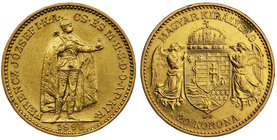 Węgry - Franciszek Józef - 20 koron 1896 KB, Kremnica

Gold 6.76g
Złoto 6.76g 

Grade: XF 
Literature: Friedberg 250
