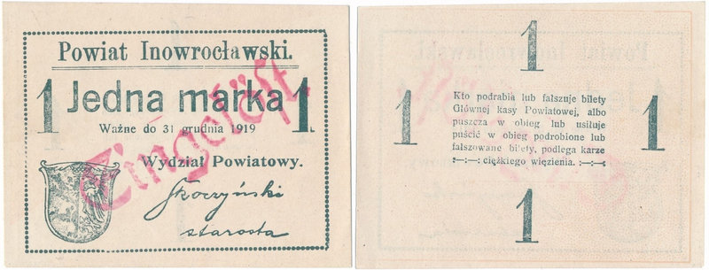 Inowrocław - 1 marka 1919 - stempel EINGELÖST

Unieważniony egzemplarz.&nbsp;...