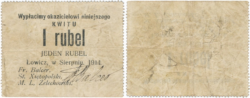 Łowicz 1 rubel 1914

Rzadszy wysoki nominał.&nbsp; 

Grade: F 
Literature: ...