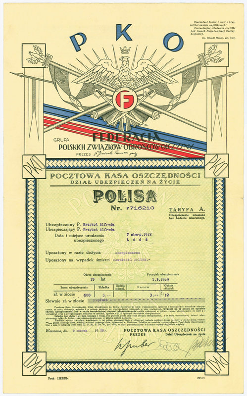 Polisa ubezpieczeniowa PKO 1939 rok - dekoracyjna

Polisa na życie, wydana w W...