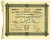Łódzka Fabryka Kapeluszy dawniej HERMAN SCHLEE S.A. , Em.3, 1.000 złotych 1929 - RZADKOŚĆ
 Unikalna akcja, a ponieważ łódzkie papiery wartościowe cie...
