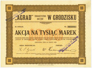AGRAD Tow, Akc. w Grodzisku, Em.3, 1.000 marek 1922
 Rzadko handlowana akcja spółki, która prowadziła spore cegielnie w miejscowościach Augustowo i G...