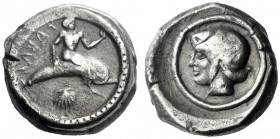 The M.L. Collection of Coins of Magna Graecia and Sicily   Calabria, Tarentum  Nomos circa 470-465, AR 8.05 g. TARAS retrograde Phalantos seated on d...