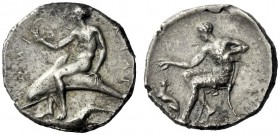  The M.L. Collection of Coins of Magna Graecia and Sicily   Calabria, Tarentum  Nomos circa 430-425, AR 7.93 g. TAPANTINON retrograde Dolphin rider l....