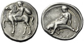  The M.L. Collection of Coins of Magna Graecia and Sicily   Calabria, Tarentum  Nomos circa 385-380, AR 7.81 g. Horseman l., holding shield and bridle...