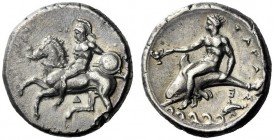  The M.L. Collection of Coins of Magna Graecia and Sicily   Calabria, Tarentum  Nomos circa 344-340, AR 7.74 g. Helmeted horseman galloping l., holdin...