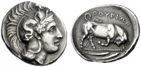  The M.L. Collection of Coins of Magna Graecia and Sicily   Thurium  Dinomos circa 350-300, AR 15.90 g. Head of Athena r., wearing Attic helmet decora...