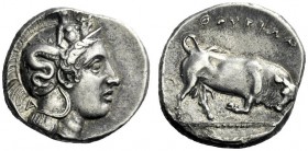  The M.L. Collection of Coins of Magna Graecia and Sicily   Thurium  Nomos circa 375-350, AR 7.69 g. Head of Athena r., wearing Attic helmet decorated...