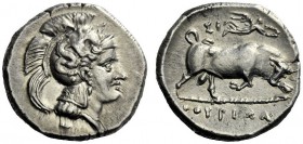  The M.L. Collection of Coins of Magna Graecia and Sicily   Thurium  Nomos circa 300-280, AR 7.88 g. Head of Athena r., wearing Attic helmet decorated...