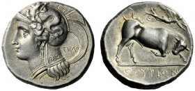  The M.L. Collection of Coins of Magna Graecia and Sicily   Thurium  Nomos circa 300-280, AR 7.90 g. Head of Athena l., wearing crested Attic helmet d...