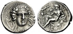  The M.L. Collection of Coins of Magna Graecia and Sicily   Bruttium, Caulonia  Nomos circa 380-350, AR 7.63 g. Head of Hera Lacinia facing, wearing d...