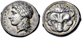  The M.L. Collection of Coins of Magna Graecia and Sicily   Rhegium  Tetradrachm circa 300-280, AR 17.29 g. PHΓINOΣ Laureate head of Apollo l., long h...