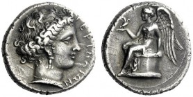  The M.L. Collection of Coins of Magna Graecia and Sicily   Terina  Nomos circa 380-360, AR 7.49 g. TEPINAIΩN Female head r., hair rendered in elabora...