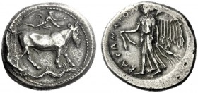  The M.L. Collection of Coins of Magna Graecia and Sicily   Catana  Tetradrachm circa 475-470, AR 17.24 g. Man-headed bull (the river god Amenanos) sw...