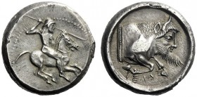  The M.L. Collection of Coins of Magna Graecia and Sicily   Gela  Didrachm circa 490-480, AR 8.75 g. Horseman galloping r., hurling javelin. Rev. Fore...