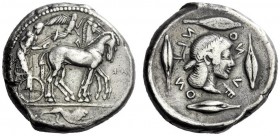  The M.L. Collection of Coins of Magna Graecia and Sicily   Leontini  Tetradrachm circa 465, AR 17.19 g. Slow quadriga driven r. by charioteer, holdin...