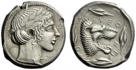  The M.L. Collection of Coins of Magna Graecia and Sicily   Leontini  Tetradrachm circa 450, AR 17.22 g. Laureate head of Apollo r. Rev. LEO – NT – I ...