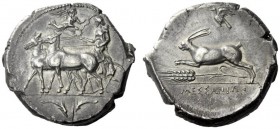  The M.L. Collection of Coins of Magna Graecia and Sicily   Messana  Tetradrachm circa 412-408, AR 16.43 g. Slow biga of mules driven l. by female cha...