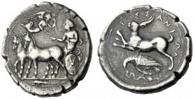  The M.L. Collection of Coins of Magna Graecia and Sicily   Messana  Tetradrachm circa 412-408, AR 17.11 g. Slow biga of mules driven l. by female cha...