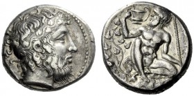  The M.L. Collection of Coins of Magna Graecia and Sicily   Naxos  Tetradrachm, circa 415, AR 17.07 g. Bearded head of Dionysus r., hair bound with st...
