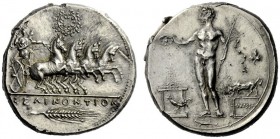  The M.L. Collection of Coins of Magna Graecia and Sicily   Selinus  Tetradrachm circa 409, AR 17.38 g. Fast quadriga driven r. by Nike; above, wreath...