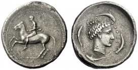  The M.L. Collection of Coins of Magna Graecia and Sicily   Syracuse  Didrachm circa 440-430, AR 8.26 g. Horseman on prancing horse l., with mantle fl...