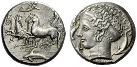  The M.L. Collection of Coins of Magna Graecia and Sicily   Syracuse  Tetradrachm signed by Eukleidas circa 405-400, AR 17.26 g. Fast quadriga driven ...