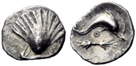  The J. FALM Collection: Miniature Masterpieces of Greek Coinage depicting Animals   Calabria, Tarentum  Obol (?) circa 325-280, AR 0.52 g. Cockle she...