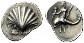  The J. FALM Collection: Miniature Masterpieces of Greek Coinage depicting Animals   Calabria, Tarentum  Obol circa 275-250, AR 0.69 g. Cockle shell. ...