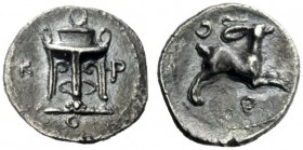  The J. FALM Collection: Miniature Masterpieces of Greek Coinage depicting Animals   Croton  Diobol circa 360, AR 0.71 g. K – P at sides of tripod; in...