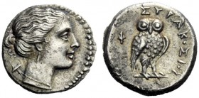  The J. FALM Collection: Miniature Masterpieces of Greek Coinage depicting Animals   Syracuse  1¼ litrae circa 235-215, AR 1.05 g. Head of Artemis r. ...