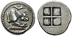  The J. FALM Collection: Miniature Masterpieces of Greek Coinage depicting Animals   Macedonia, Acanthus  Tetrobol circa 490, AR 2.49 g. Forepart of l...