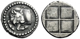  The J. FALM Collection: Miniature Masterpieces of Greek Coinage depicting Animals   Macedonia, Acanthus  Tetrobol circa 470-390, AR 2.31 g. Forepart ...