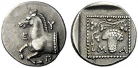  The J. FALM Collection: Miniature Masterpieces of Greek Coinage depicting Animals   Maroneia  Hemidrachm circa 398-385, AR 2.91 g. E – Y – Π Forepart...