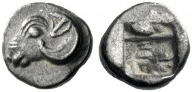  The J. FALM Collection: Miniature Masterpieces of Greek Coinage depicting Animals   Cebren  Obol, 475-450, AR 0.54 g. Ram’s head l. Rev. Irregular sq...
