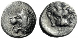  The J. FALM Collection: Miniature Masterpieces of Greek Coinage depicting Animals   Uncertain satraps  Hemiobol circa 395-353, AR 0.53 g. Lion’s head...