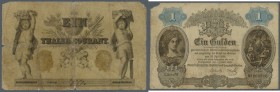 Hessen-Darmstadt, 1 Gulden, 1.7.1865, Preußen, 1 Thaler Kassen-Anweisung, 13.2.1861, PiRi A119, A222. Beide Noten in stark gebrauchter Erhaltung mit k...