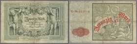 Deutsches Reich: 20 Mark Reichskassenschein 1882, Ro.7 in stark gebrauchter Erhaltung mit mehreren Knickstellen, kleinen Einrissen an den Rändern und ...