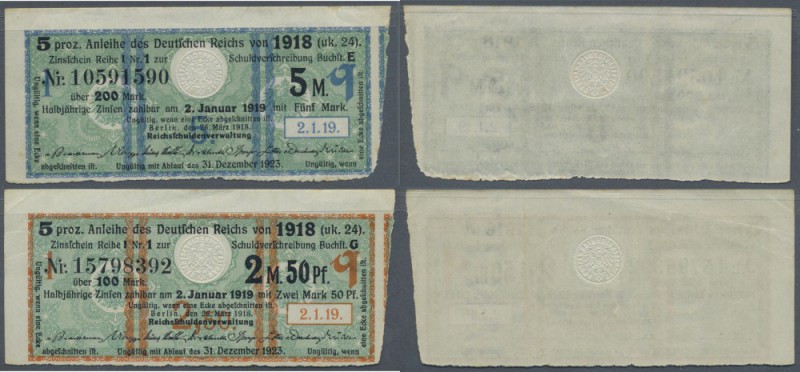 Deutsches Reich: Zinskupons der Serie ”q” zu 2,50 Mark und 5 Mark vom März 1918,...