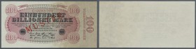 Deutsches Reich: 100 Billionen Mark 1923 mit rotem Überdruck ”MUSTER”, Ro.125M1, minimale Stauchungen im Papier, leicht bestoßene Ecke oben links. Erh...