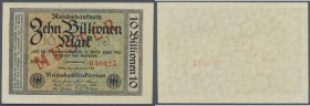 Deutsches Reich: 10 Billionen Mark 1923 mit rotem Überdruck ”Muster”, Ro.129M2, kleiner Eckknick unten links, leichte Stauchungen im Papier und winzig...