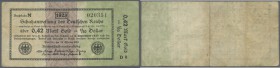 Deutsches Reich: 0,42 Mark Gold = 1/10 Dollar 1923, Ro.142, stärker gebrauchte Note mit einigen Knicken und Flecken. Erhaltung: F // Germany: 0,42 Mar...