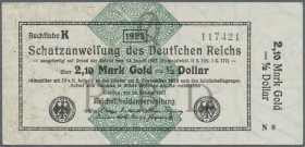 0,42 Mark Gold = 1/10 Dollar 1923, Ro.142a in stärker gebaruchter Erhaltung und 2,10 Gold = 1/2 Dollar 1923, Ro.144e in kassenfrisch. Erhaltung: F-/UN...