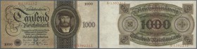 1000 Reichsmark 1924 Holbein-Serie, Ro.172a in sehr sauberer, leicht gebaruchter Erhaltung mit Mittelknick. Erhaltung: VF+